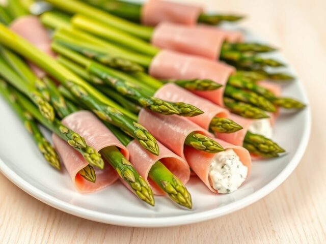 In ham gerolde asperges met kruidenkaas