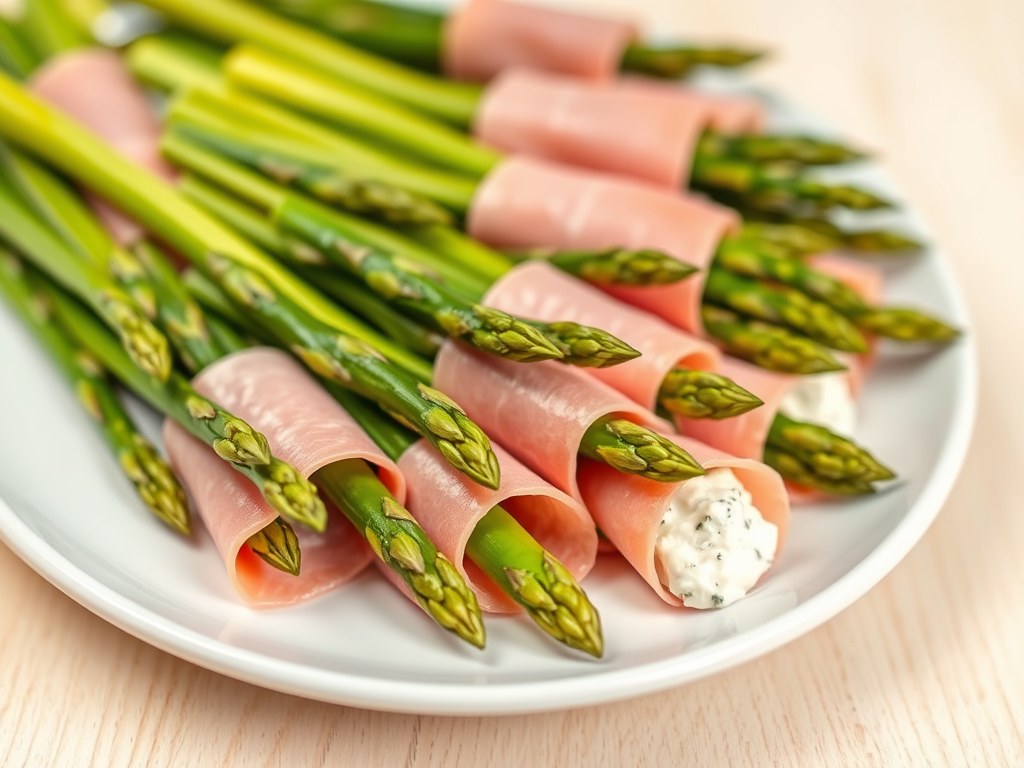 In ham gerolde asperges met kruidenkaas, AI-gegenereerde illustratie