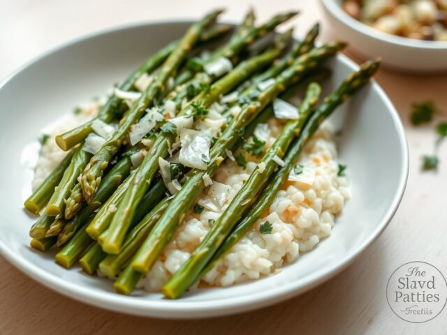 In olijfolie gesmoorde groene asperges met (zie opm.)