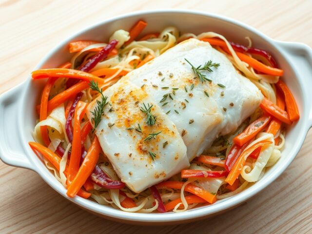 In oven gegaarde kabeljauw op een bedje van Chinese kool