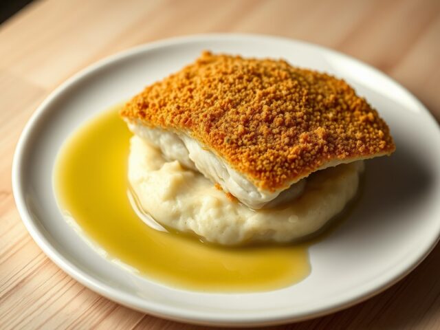In panco gefruite koolvis met komkommerpuree en witte boter saus