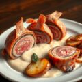 In parmaham gewikkelde biefstukjes met saliesaus