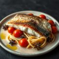 In pastis gemarineerde zeebaars en saus van steran