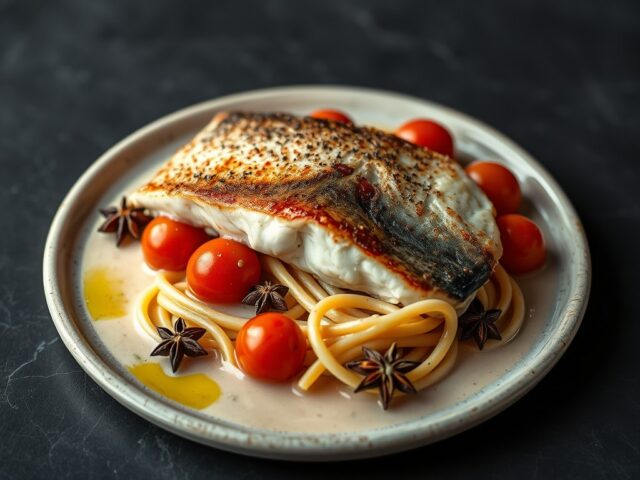 In pastis gemarineerde zeebaars en saus van steran