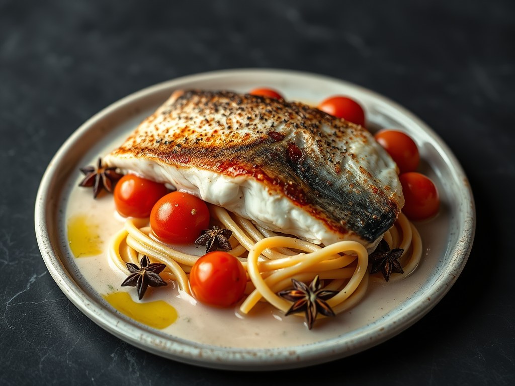 In pastis gemarineerde zeebaars en saus van steran, AI-gegenereerde illustratie