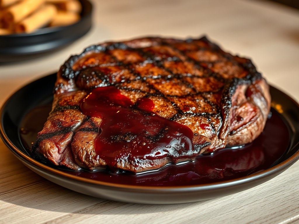 In Wijn Gemarineerde Gebakken Ribeye, AI-gegenereerde illustratie