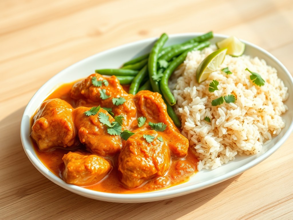 Indiase Tikka Masala met limoenboontjes, AI-gegenereerde illustratie