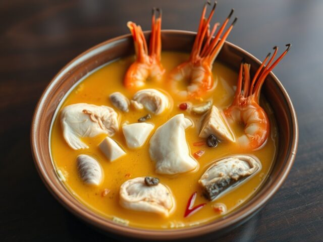 Indische maaltijdsoep met kip, vis & garnalen