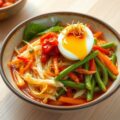Indonesische groentebowl met een sambal eitje en gebakken uitjes