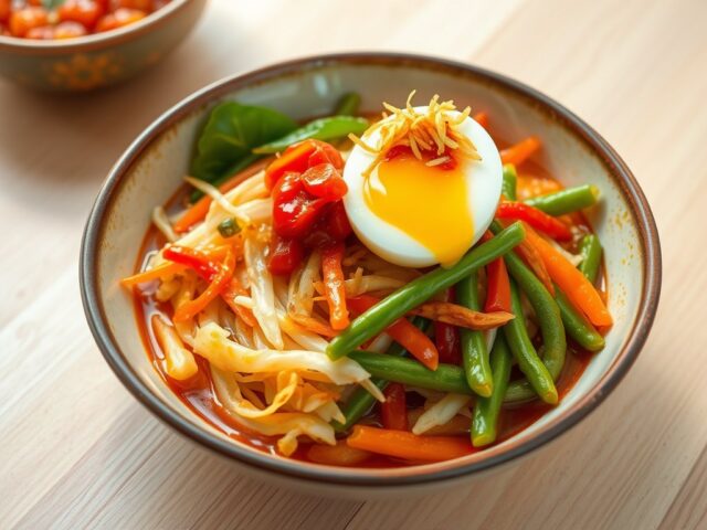 Indonesische groentebowl met een sambal eitje en gebakken uitjes