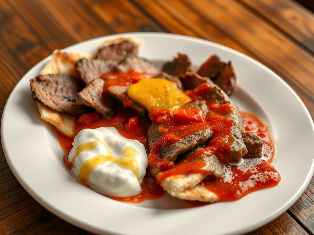 Iskender = Turks reepjes vlees., AI-gegenereerde illustratie