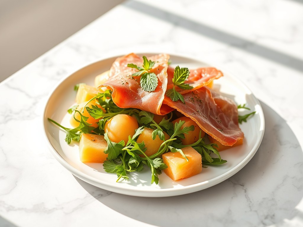 Italiaanse Parmaham met meloenbolletjes, ruccola sla, AI-gegenereerde illustratie
