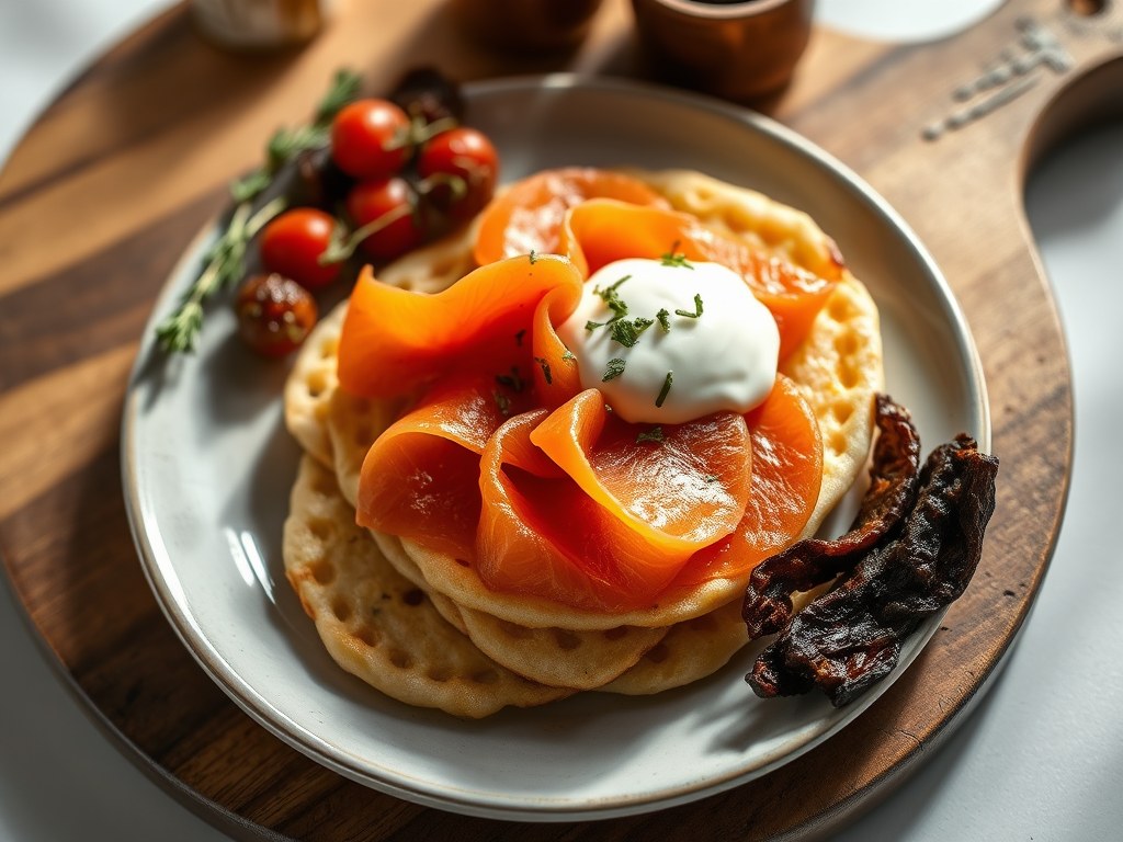Italiaanse poffertjes met zalm, AI-gegenereerde illustratie