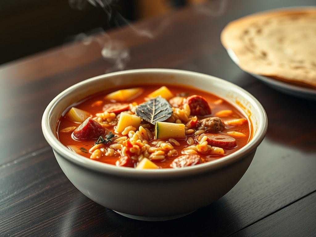 Jambalaya- soep, AI-gegenereerde illustratie