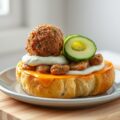 Kaas-ui brood met gehaktbal, komkommer en roomkaas