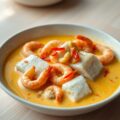 Kabeljauw en gamba’s in pikante kerrie-knoflooksaus
