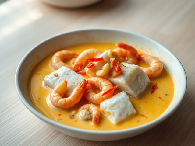 Kabeljauw en gamba’s in pikante kerrie-knoflooksaus