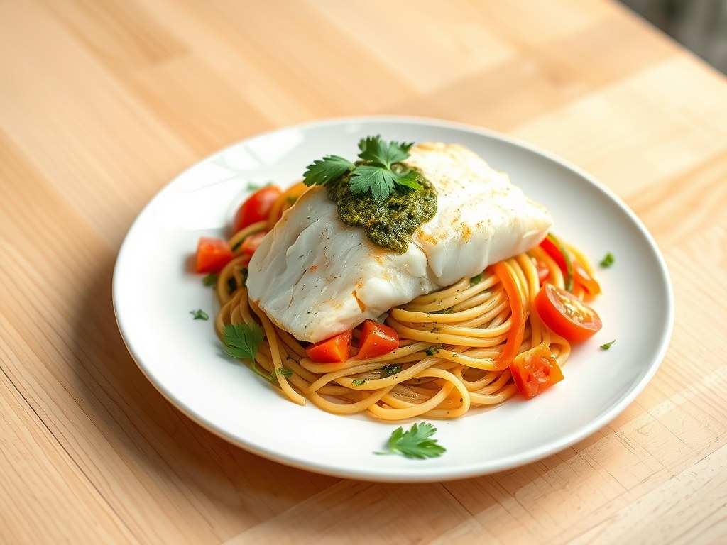 Kabeljauw met pasta, AI-gegenereerde illustratie