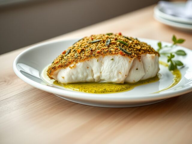 Kabeljauw met pesto-kruidenkorst en (zie opm)