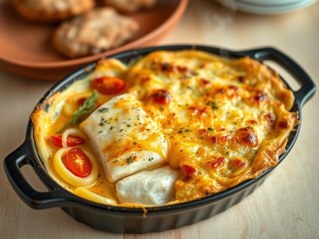 Kabeljauw ovenschotel met prei, tomaat en kaas.