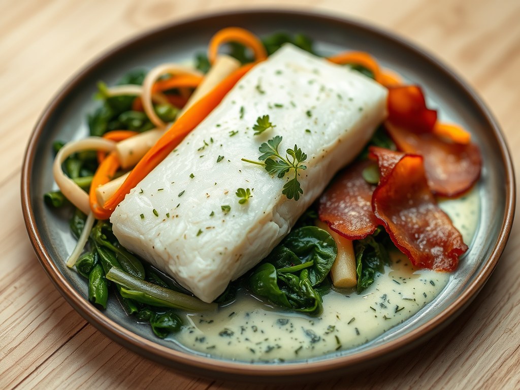 Kabeljauwfilet met fijne kruidensaus, AI-gegenereerde illustratie