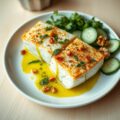 Kabeljauwplakjes, Peterselie-olie en Komkommersla