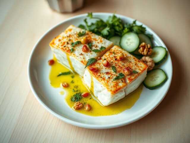 Kabeljauwplakjes, Peterselie-olie en Komkommersla