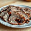 Kalfslende met een saus van aceto balsamico en runderrookvlees
