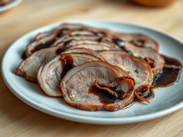 Kalfslende met een saus van aceto balsamico en runderrookvlees