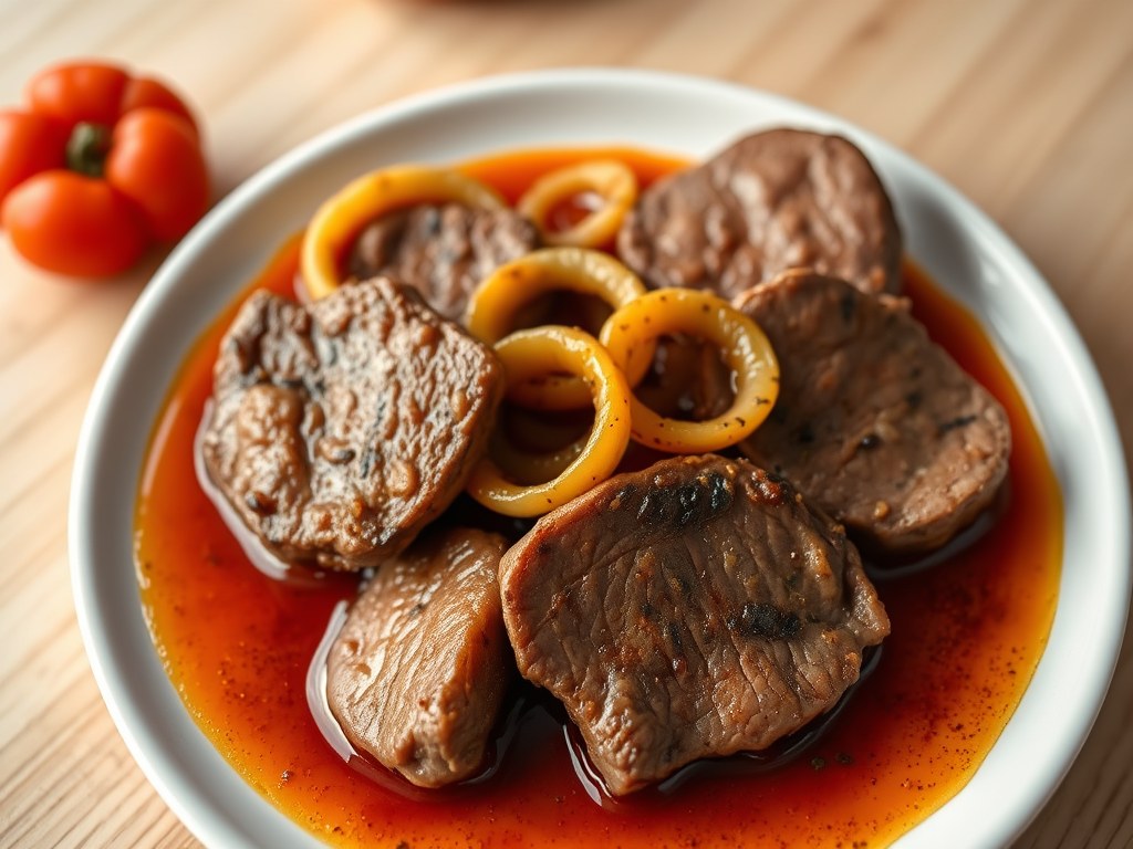 Kalfslever met pittige saus (wok), AI-gegenereerde illustratie