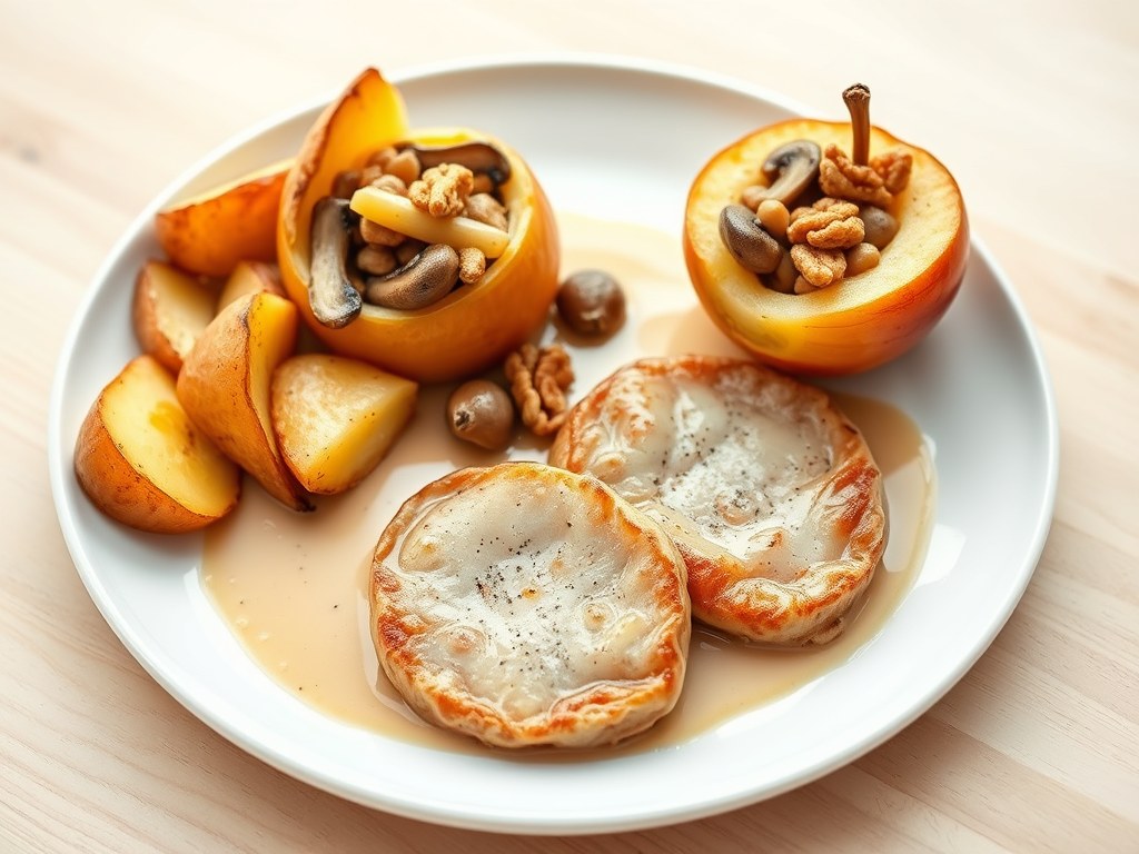 Kalfsoesters met appelsaus en hartig gevulde appel, AI-gegenereerde illustratie
