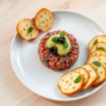 Kalfssteak tartaar met gerookte avocado, brochetta