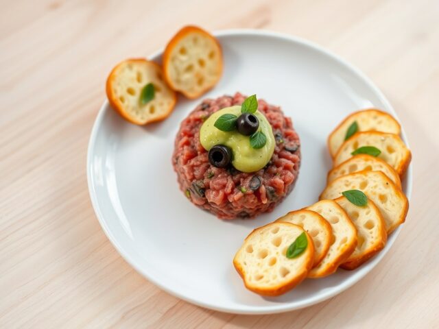 Kalfssteak tartaar met gerookte avocado, brochetta
