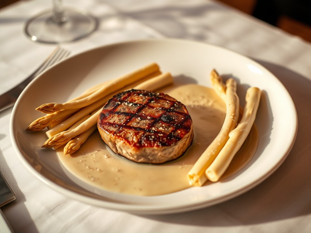 Kalfstournedos met bourgondische asperges, AI-gegenereerde illustratie