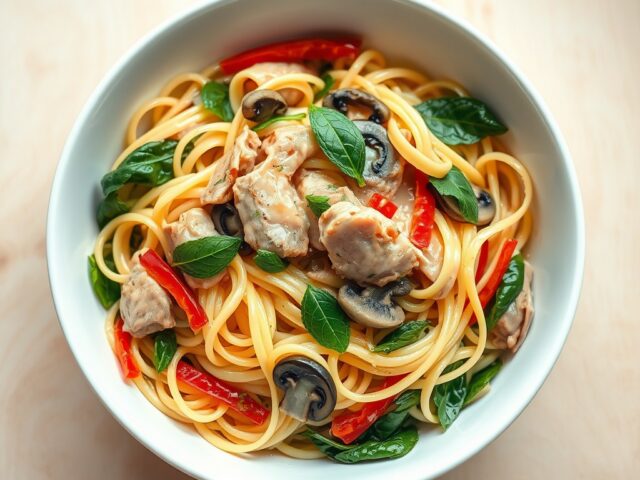 Kalfsvlees met pasta en spinazie