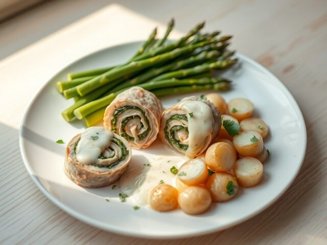 Kalfsvleesrolletjes met asperge en cognacsaus