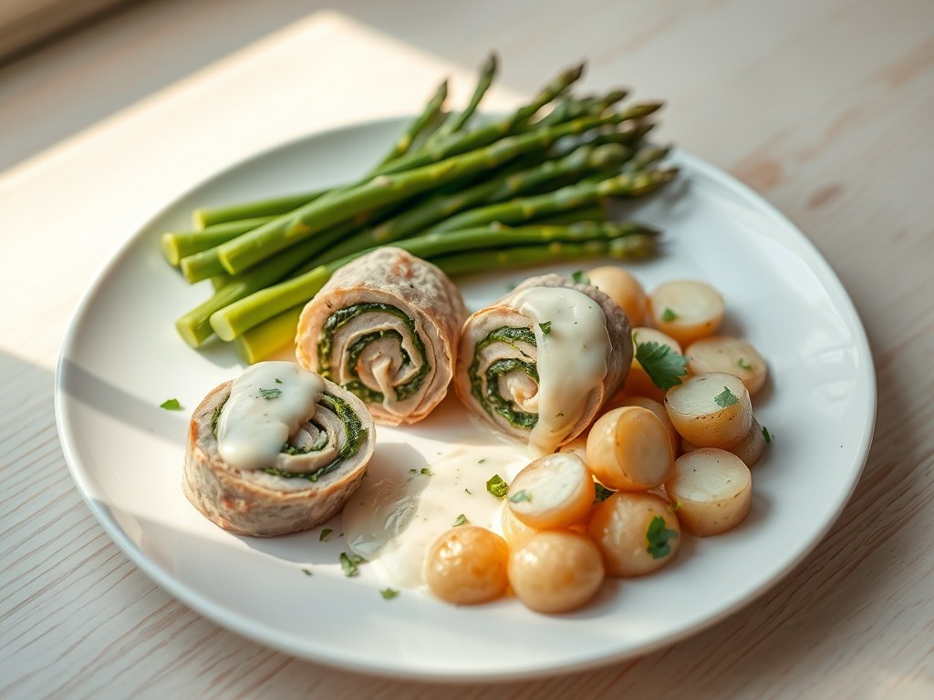 Kalfsvleesrolletjes met asperge en cognacsaus, AI-gegenereerde illustratie