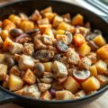 Kalkoenblokjes met gebakken aardappels en groenten