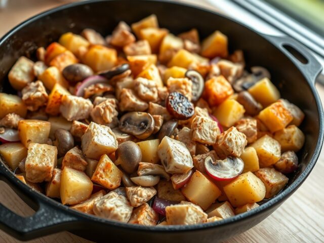Kalkoenblokjes met gebakken aardappels en groenten