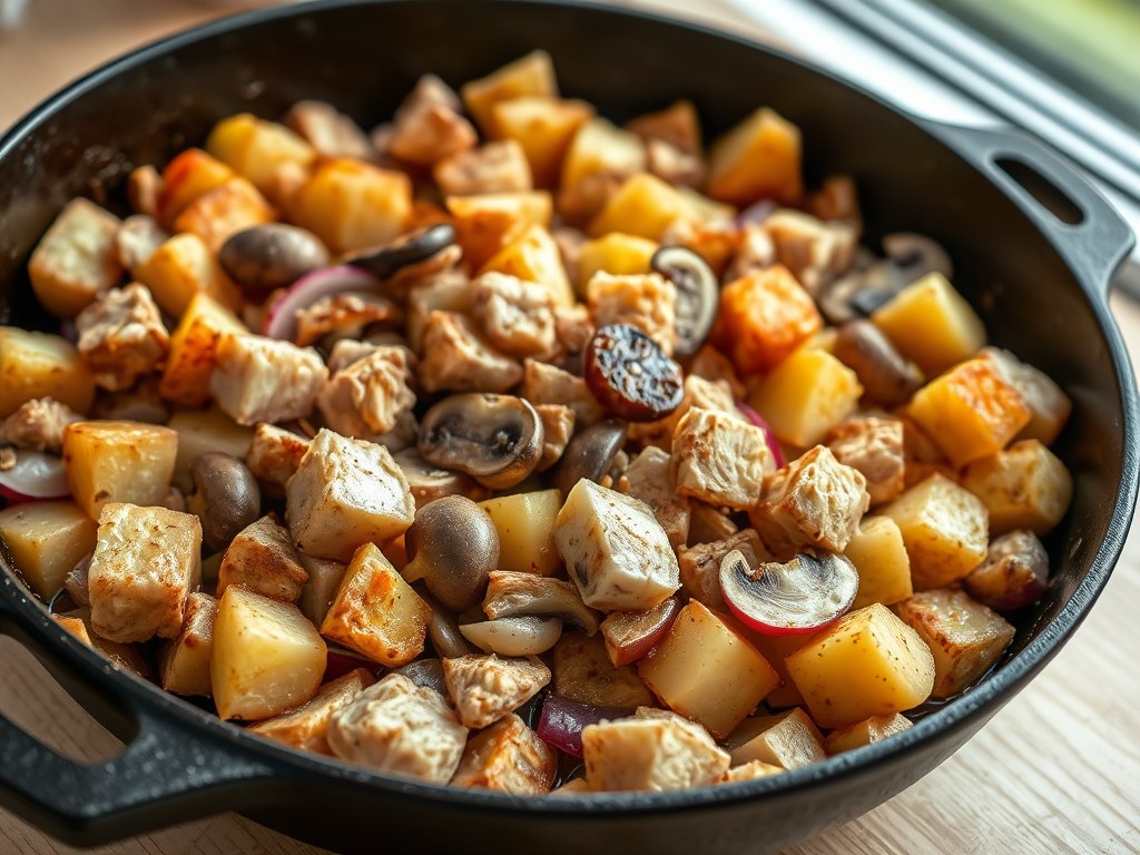 Kalkoenblokjes met gebakken aardappels en groenten, AI-gegenereerde illustratie