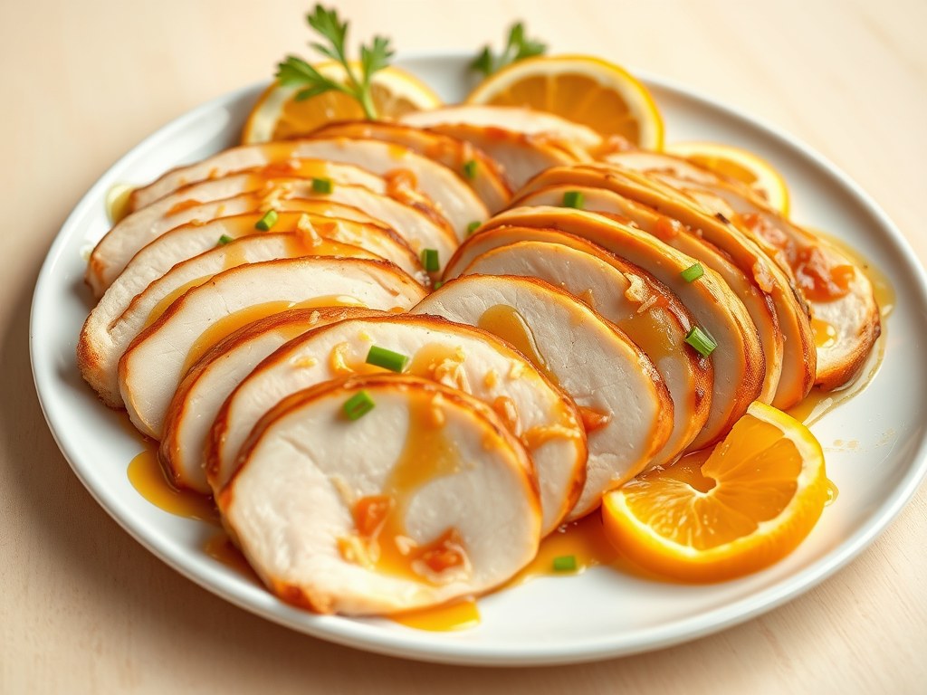 Kalkoenfilet met gember-sinaasappelsaus, AI-gegenereerde illustratie