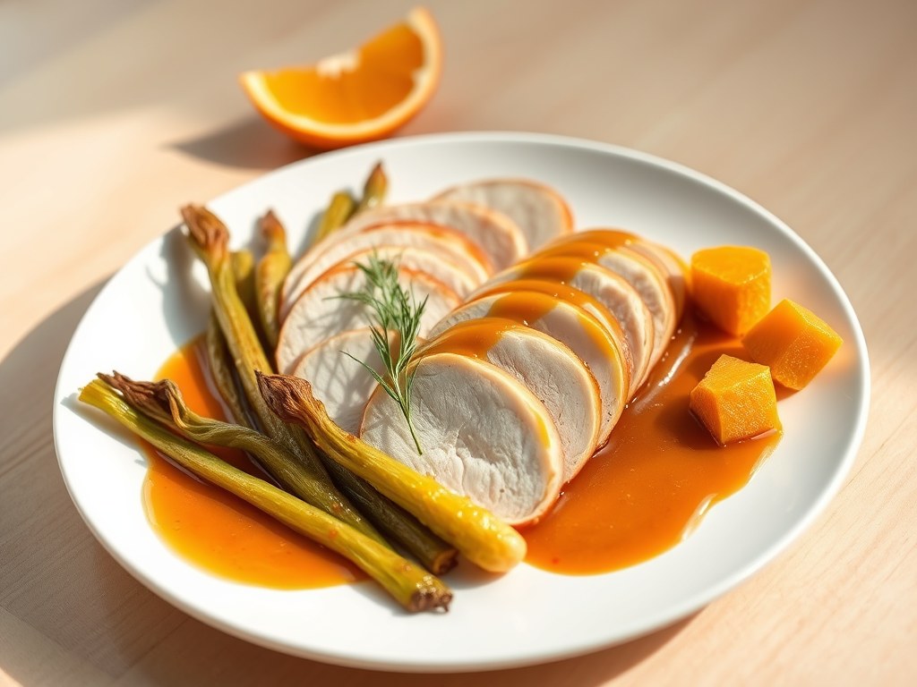 Kalkoenfilet met witloof en sinaasappelsaus, AI-gegenereerde illustratie
