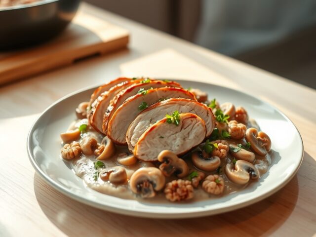 Kalkoenhaas met walnoten en champignons