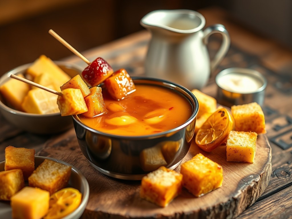 Karamelfondue met vanille en baileys, AI-gegenereerde illustratie