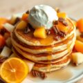 Karnemelkpannenkoekjes met fruitsalade en ijs.