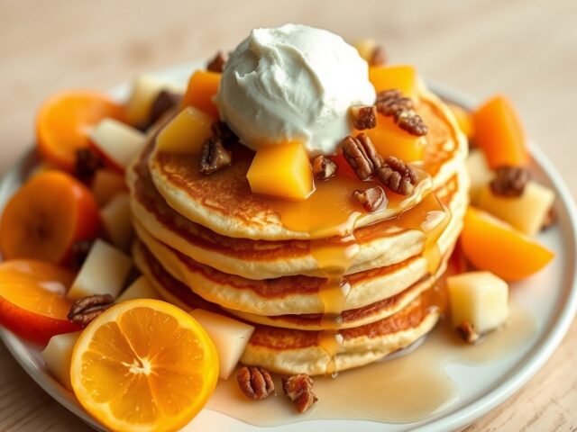 Karnemelkpannenkoekjes met fruitsalade en ijs.