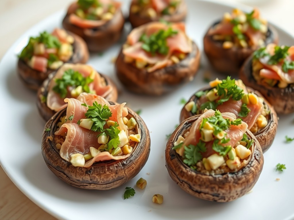 Kastagne Champignons gevuld met Pistache en Serrano, AI-gegenereerde illustratie