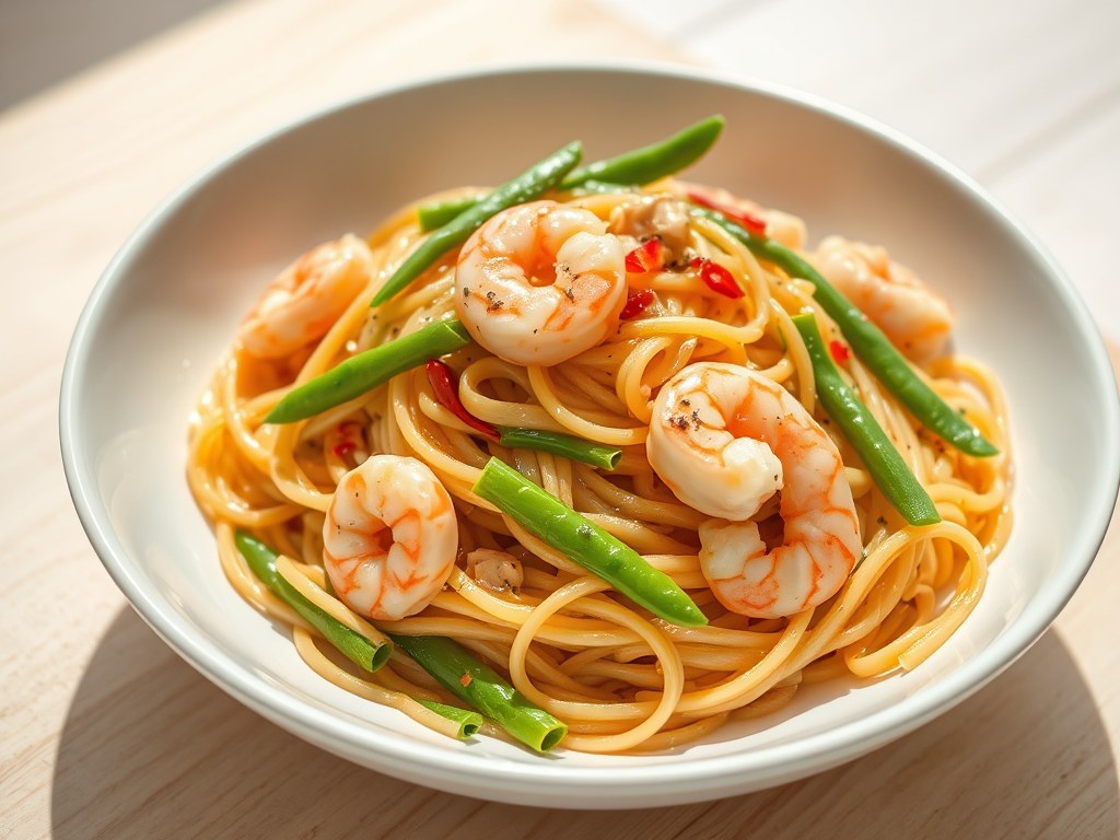 Katjang, Peultjes en Garnalen in Pasta, AI-gegenereerde illustratie