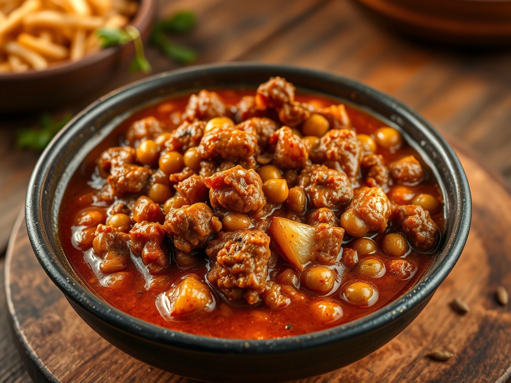 Kheema curry (lamsvlees met kerrie), AI-gegenereerde illustratie