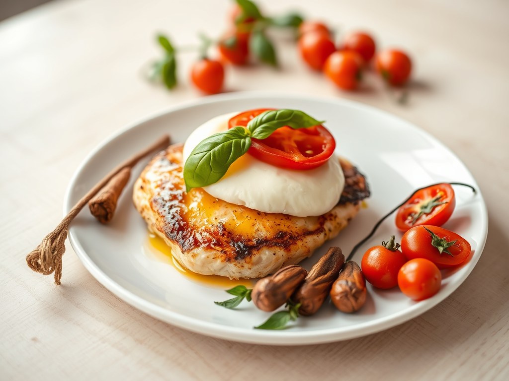 Kip ‘Caprese’ met krokante verpakte groenten, AI-gegenereerde illustratie